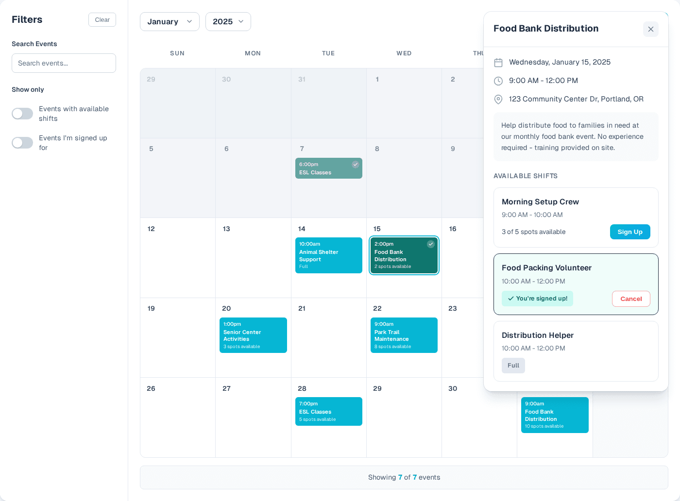 VolunteerPulse calendar interface showing event scheduling and volunteer sign-ups